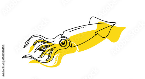 Creative graphic illustration of a squid using black line art and vibrant yellow accents to depict the elegant movements of sea life.