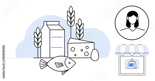 Grocery shopping, food delivery, healthy eating, retail, customer profiles, nutrition. Iconic milk, cheese fish and store. Grocery shopping and food delivery