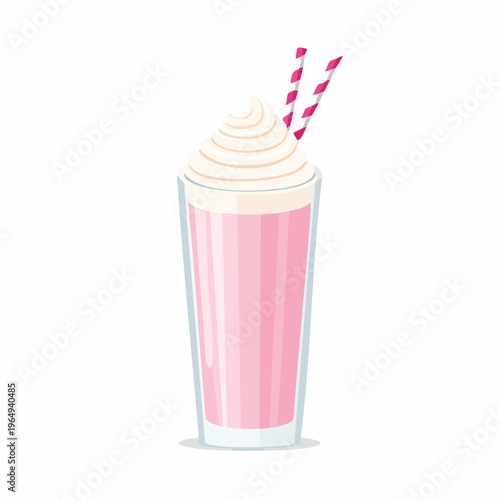 Deliciously creamy pink milkshake with a generous whipped topping and striped straws, a refreshing sweet beverage illustration
