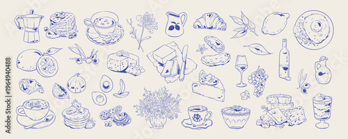 Hand drawn french breakfast in blue line set. Whimsical cafe food set as cute pancakes, croissant and coffee cup with bakery bread and cheese plate. Italian brunch icon collection fits restaurant