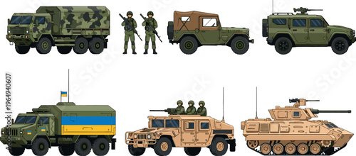Military Vehicle Fleet Illustration with Soldiers, Tactical Trucks, Humvees, and Armored Personnel Carriers for Defense and Warfare Designs