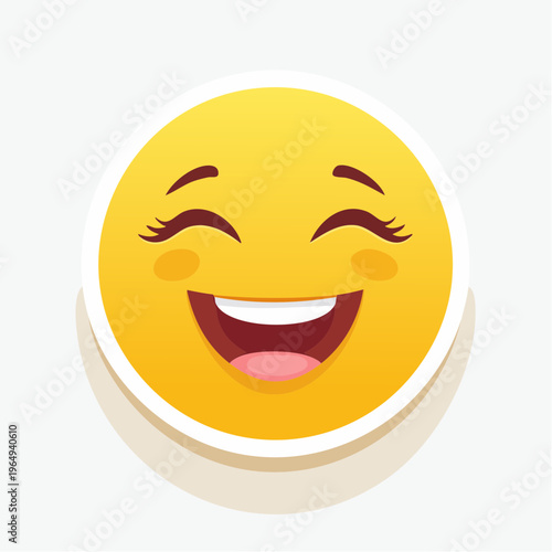 Vector illustration of a brightly colored, round laughing emoji sticker, radiating pure joy and happiness