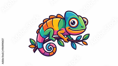 Vibrant cartoon illustration of a cheerful exotic chameleon with a curled tail and large eyes, perched on a tree branch.