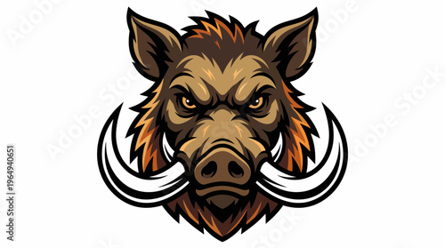 Aggressive Wild Boar Head Illustration with Powerful Tusks and Fierce Expression, Mascot Emblem for Strength and Determination