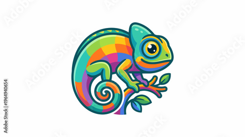 Vibrant exotic chameleon illustration featuring a playfully curled tail and prominent cheerful eyes, perching serenely on a branch, designed as a captivating graphic element.