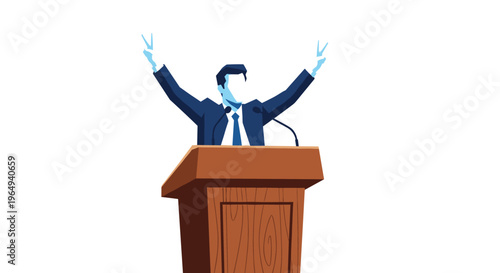 Silhouette of a politician standing at a wooden podium making victory or peace signs with both hands raised high in triumph.