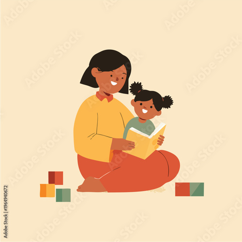 Caring mother reading with child during learning moment.