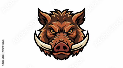 Striking wild boar head illustration for emblem design, featuring fierce tusks and intense gaze, isolated against a clean background, conveying power and determination.