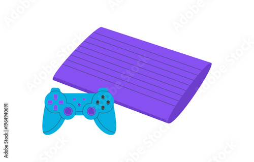 Retro videogame console and gamepad in cartoon flat style. Classic joystick and controller for video game entertainment. Player gadget, purple blue, for fun electronic game experience.
