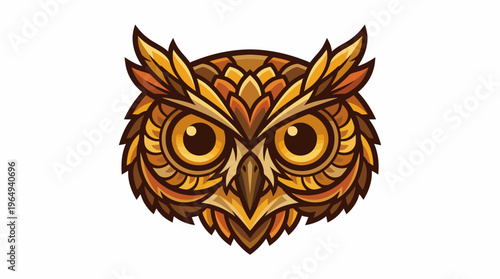 Striking, detailed owl face illustration, an intricate animal emblem with ornate feather patterns in warm tones, ideal for logo design.
