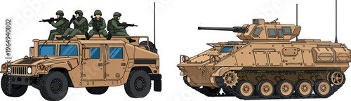 Military Armored Vehicles Illustration with Soldiers on Humvee and Armored Personnel Carrier for Military Design Projects