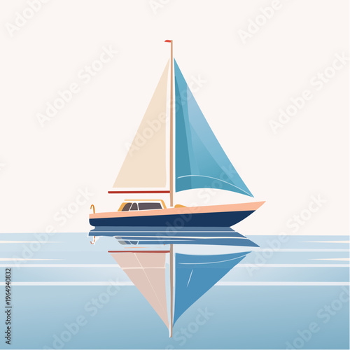 Stylized illustration of a sleek sailing yacht with a blue sail, calmly reflecting on a smooth water surface, symbolizing leisure and freedom