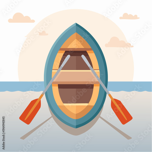 Illustration of a rowboat with oars on a calm body of water with clouds in the background