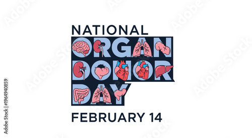 Informative graphic for National Organ Donor Day on February 14th, using icons of different human organs inside the lettering.