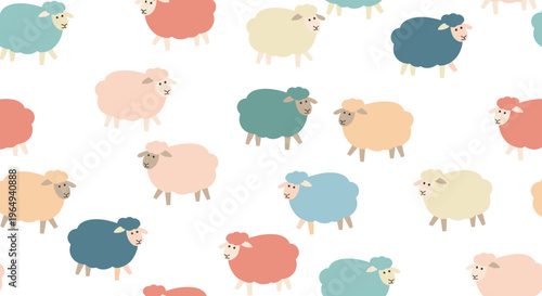Whimsical seamless pattern featuring cute and fluffy sheep in various soft colors like pink, blue, and yellow on a white background.
