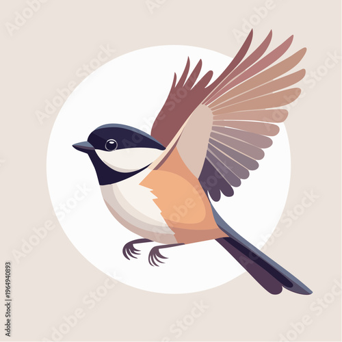 Cute chickadee bird in flight, a small songbird with delicate wings and a friendly face