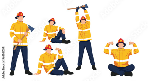Collection of firefighters in yellow uniforms and red helmets shown in different poses like standing, sitting, and exercising.
