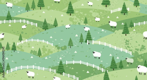 Peaceful seamless landscape pattern showing many white sheep grazing in rolling green hills with scattered pine trees and fences.