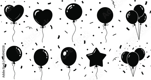 Party Balloon Icon Set with Heart, Star, and Confetti for Celebration, Event, and Party Design Projects