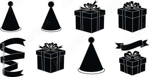 Party Hats, Gifts, and Ribbons Icon Set for Celebration, Birthday, and Event Design Projects