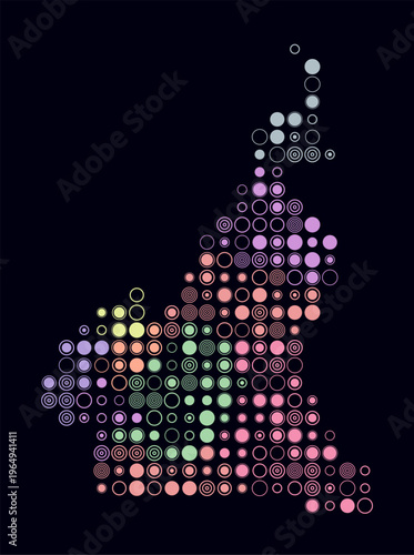 Cameroon, shape of the country build of colored cells. Digital style map of the Cameroon on dark background. Large size circle blocks. Modern vector illustration.