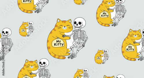 Cheerful orange tabby cat and a human skeleton embrace in a cute and slightly spooky seamless pattern on a gray background.