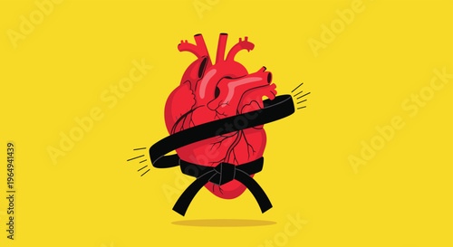 Human heart wearing a black martial arts belt, symbolizing strength, endurance, and heart health on a vibrant yellow backdrop.