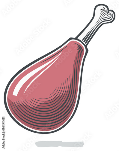Vintage style illustration of a cooked meat leg with bone, food graphic design.