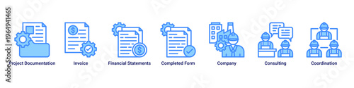 Documentation Flow web banner icon vector illustration with icons of Project Documentation,Invoice,Financial Statements,Completed Form,Company,Consulting and Coordination