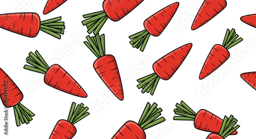 Seamless pattern of bright orange carrots with green tops scattered on a white background, perfect for healthy eating and vegetable themes.
