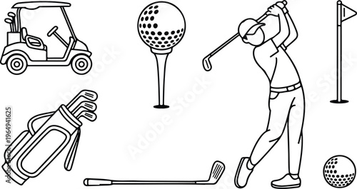 Minimalist vector illustration of golfer in follow-through swing with golf ball, club bag, cart, and flag detailed line drawing