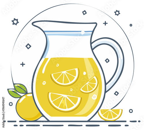 Refreshing pitcher of lemonade with lemons and slices surrounded by decorative elements