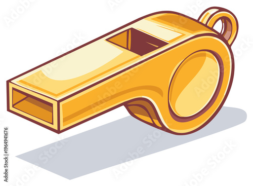 Cartoon illustration of a gold whistle with a shadow, isolated.