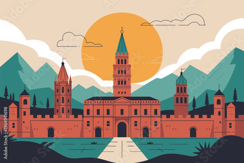 A grand castle with many towers stands at the foot of massive green mountains under a bright sun. The flat design style uses bold colors and clean lines to create a storybook atmosphere.
