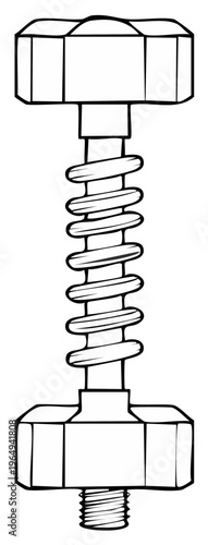 Technical Drawing of a Spring Loaded Bolt and Hex Nut Mechanical Assembly