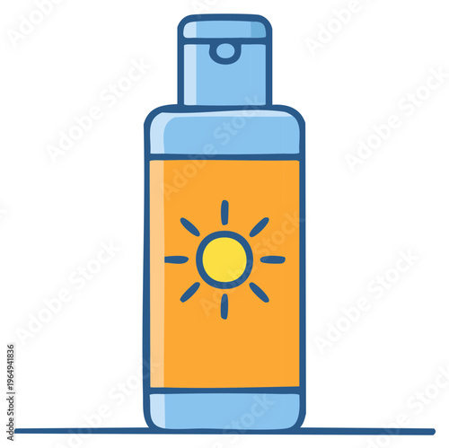 An illustrated blue and orange sunscreen bottle with a sun icon, symbolizing summer protection and skincare.