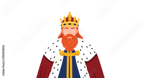 Regal king with a red beard, wearing a golden crown and a white ermine-trimmed cloak, standing with a dignified expression.