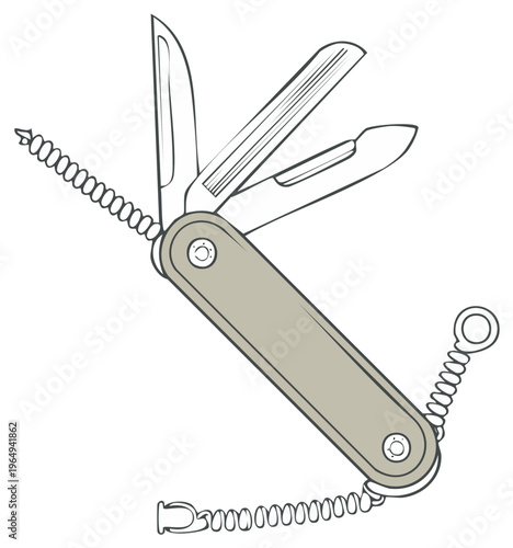 Outline illustration of a multipurpose pocketknife with various tools opened including a screwdriver and blades
