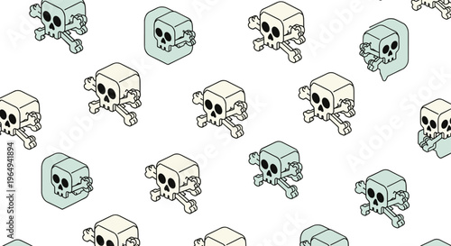 Seamless pattern of white isometric skulls and crossbones scattered on a clean background, perfect for edgy or gothic graphic designs.