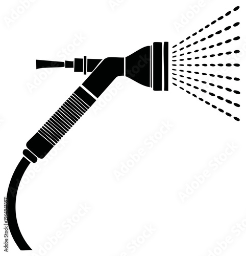 Sprayer nozzle spraying water stream, graphic silhouette icon