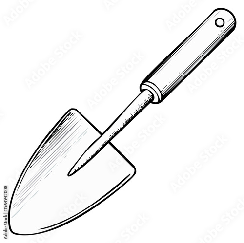 Sketch of a garden trowel with a pointed blade and a wooden handle for digging and planting