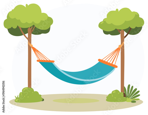 Empty blue hammock suspended between green trees for outdoor relaxation and summer vacation
