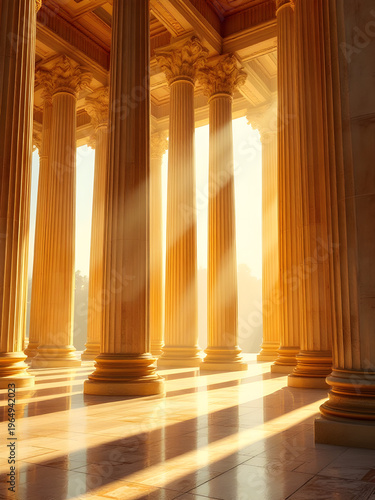 Ancient Greek columns bathed in golden sunlight