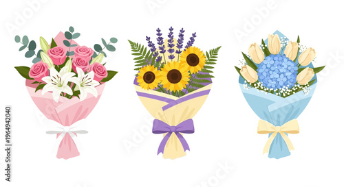 A vibrant collection of three different flower bouquets featuring roses, sunflowers, lavender, hydrangeas, lilies, and tulips, elegantly wrapped for gifting