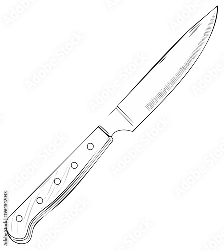 Line art illustration of a sharp kitchen knife with pointed blade and riveted handle ideal for cooking and food preparation