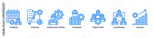 Execution Phase web banner icon vector illustration with icons of Schedule,Planning,Construction Worker,Contractor,Project Team,Coordination and Success