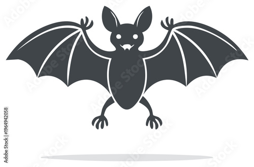 Whimsical dark grey bat icon spreading wings and smiling with fangs a spooky Halloween nocturnal creature