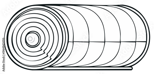 Rolled sleeping bag with concentric circle pattern and segmented body