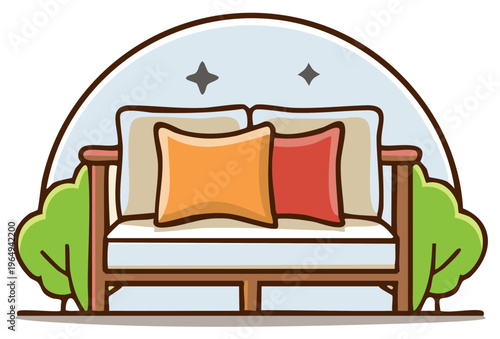 Cartoon Style Couch with Two Stars Behind it and Bushes Either Side