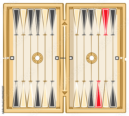 Opened Wooden Backgammon Board with Black Cream and Red Pieces Demonstrating Game Strategy and Entertainment